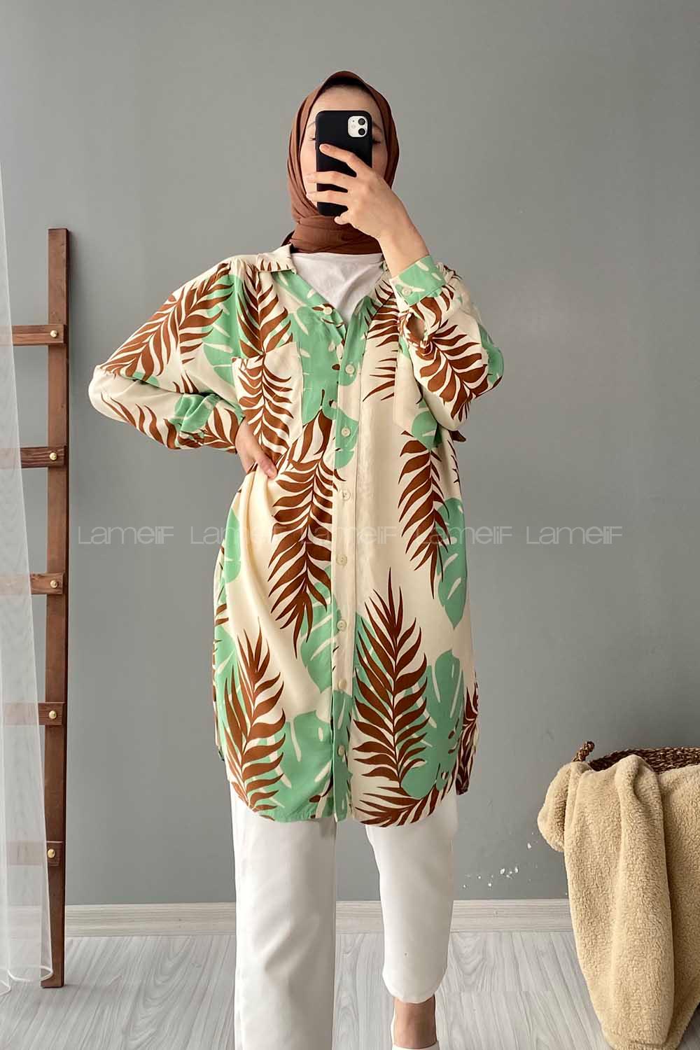 Modalamelif Yaprak Desen Dokuma Gömlek Yeşil-Kahve