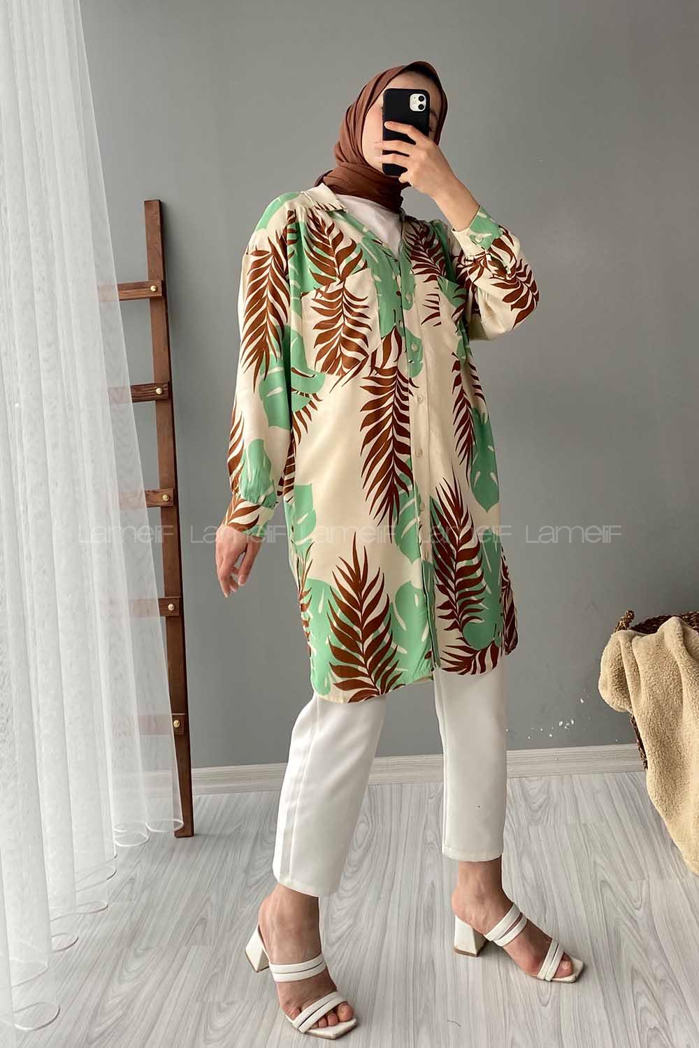 Modalamelif Yaprak Desen Dokuma Gömlek Yeşil-Kahve