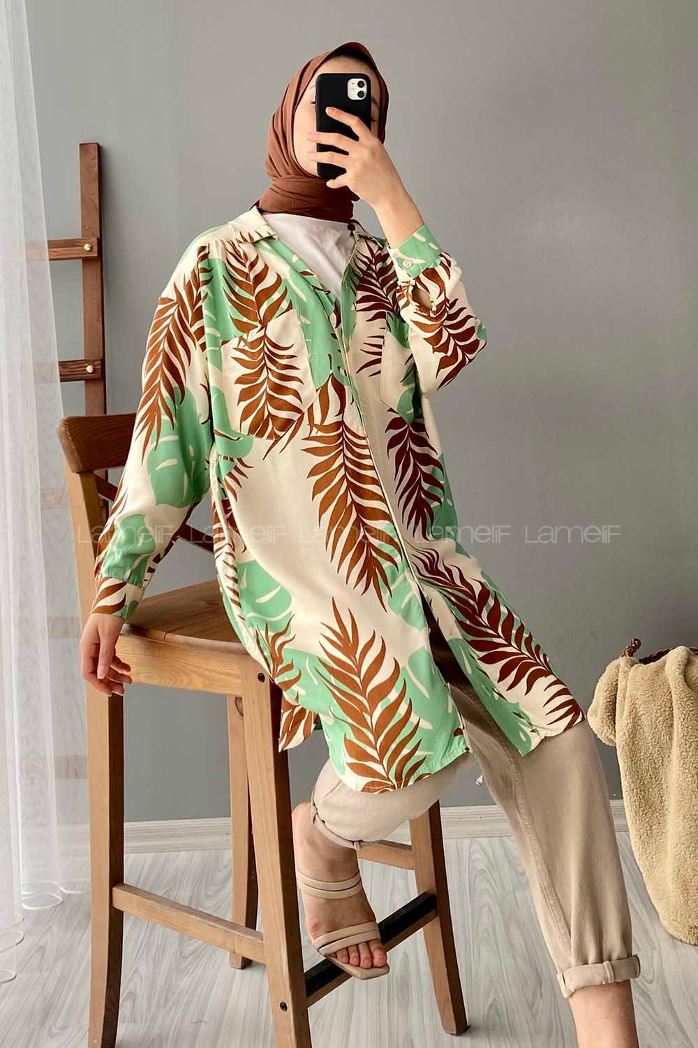 Modalamelif Yaprak Desen Dokuma Gömlek Yeşil-Kahve