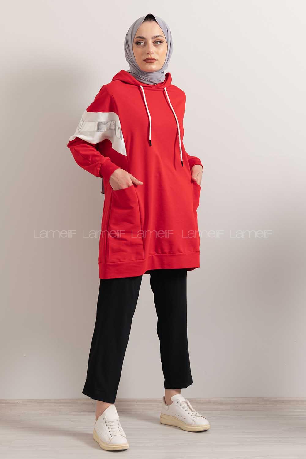 Modalamelif Gümüş Garnili Kapşonlu Sweatshirt Kırmızı