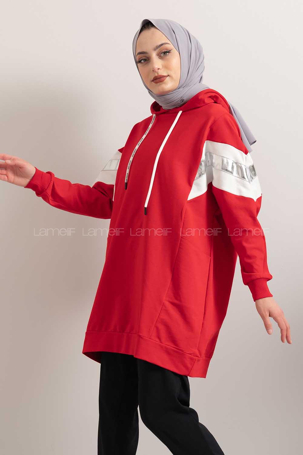 Modalamelif Gümüş Garnili Kapşonlu Sweatshirt Kırmızı