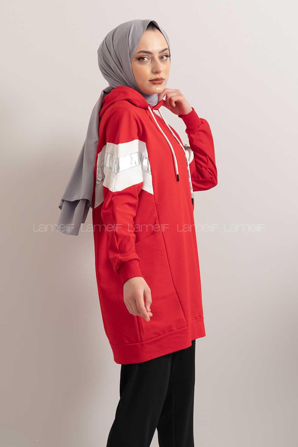 Modalamelif Gümüş Garnili Kapşonlu Sweatshirt Kırmızı