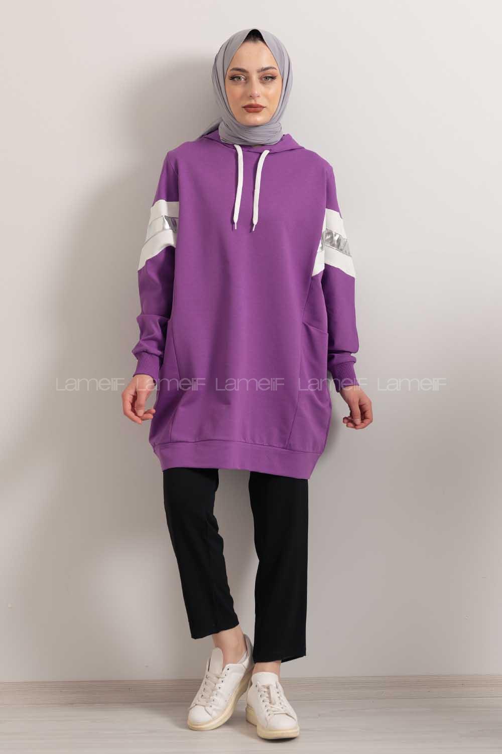 Modalamelif Gümüş Garnili Kapşonlu Sweatshirt Mor