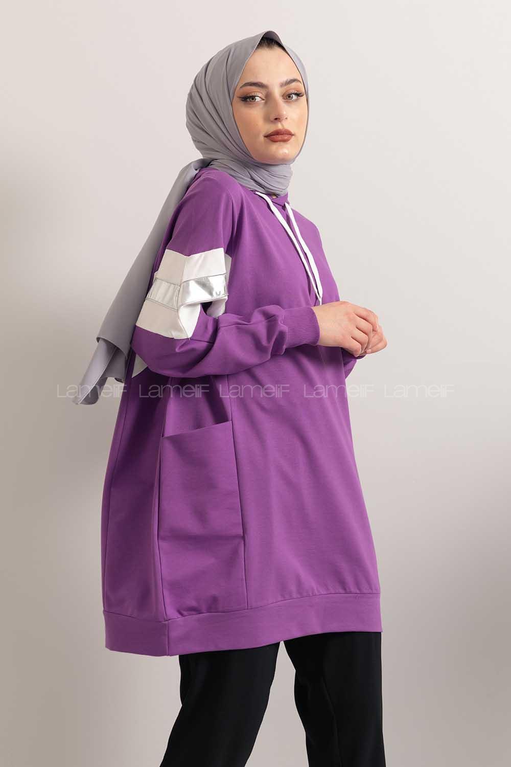 Modalamelif Gümüş Garnili Kapşonlu Sweatshirt Mor