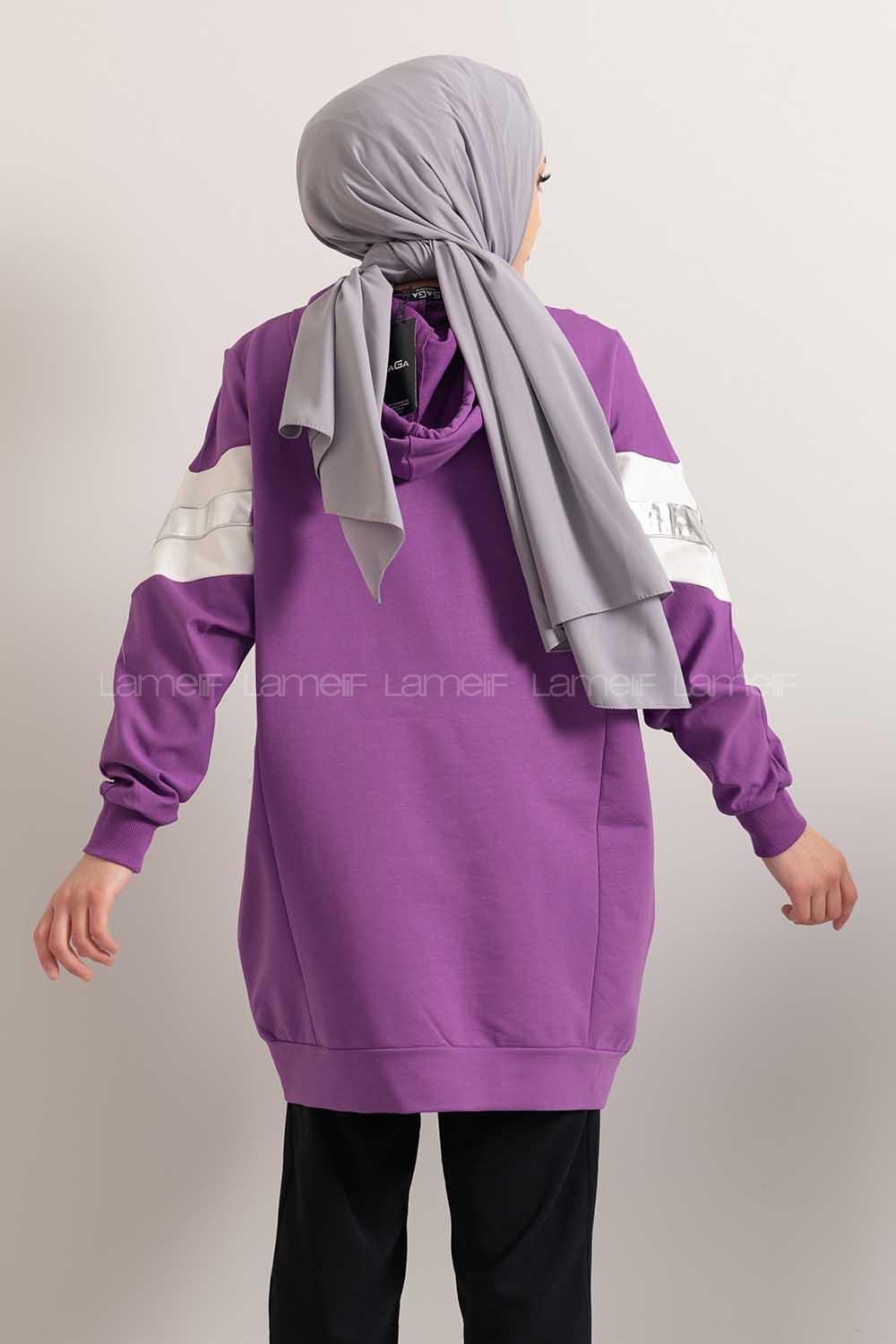 Modalamelif Gümüş Garnili Kapşonlu Sweatshirt Mor