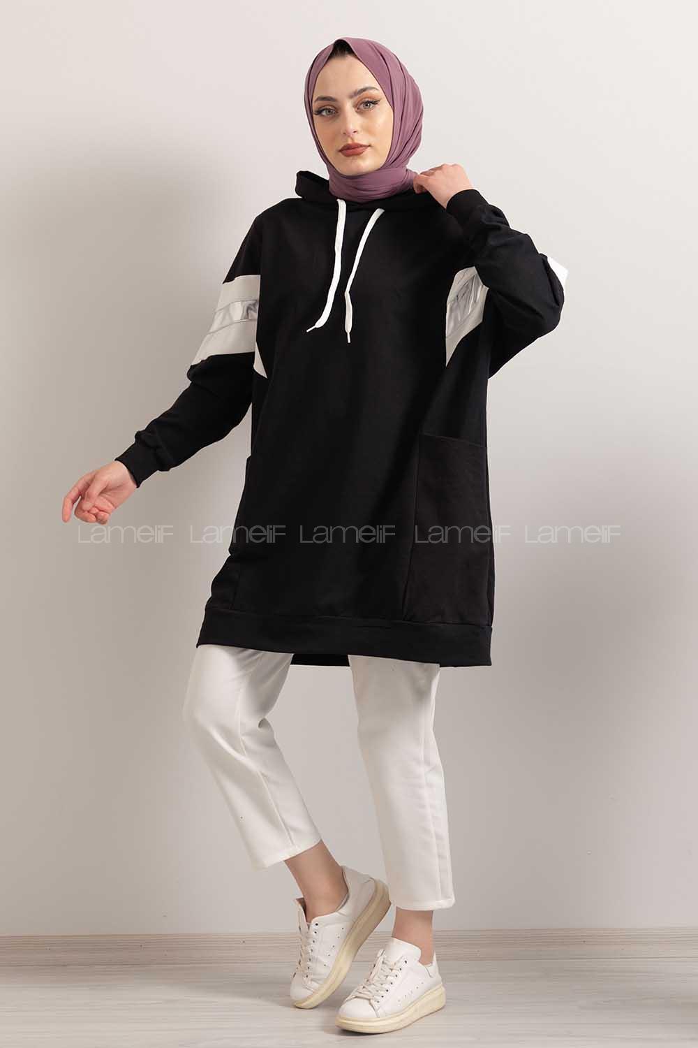 Modalamelif Gümüş Garnili Kapşonlu Sweatshirt Siyah