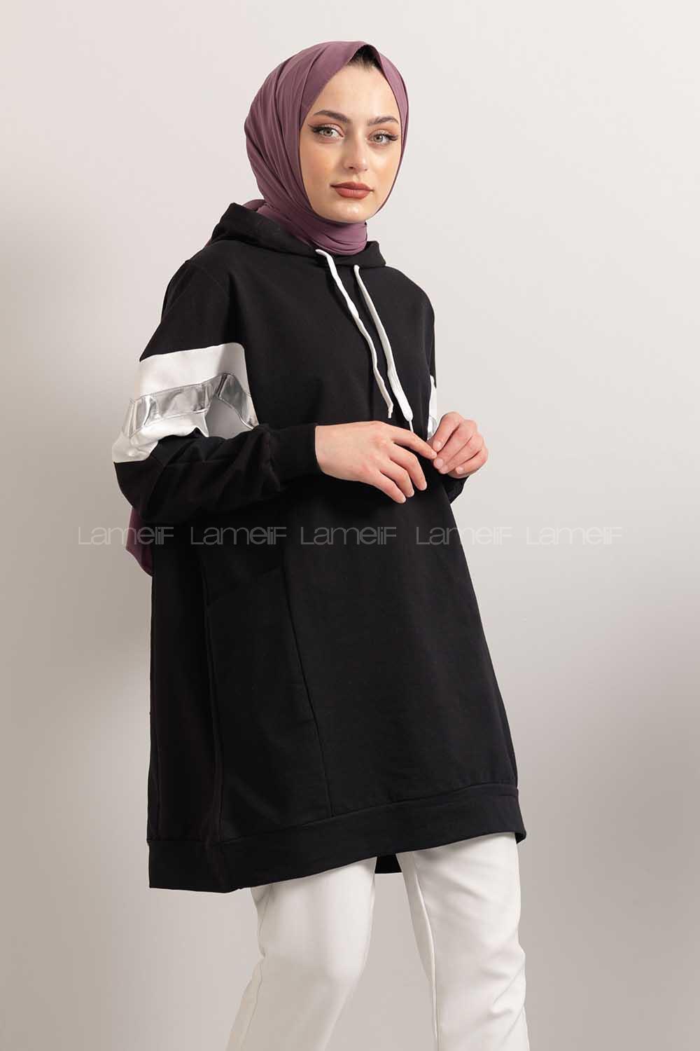 Modalamelif Gümüş Garnili Kapşonlu Sweatshirt Siyah