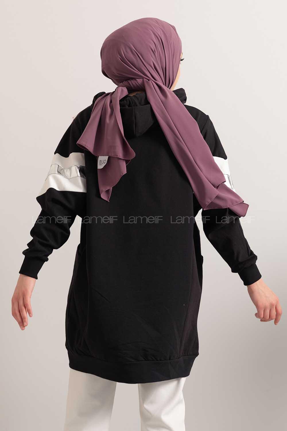 Modalamelif Gümüş Garnili Kapşonlu Sweatshirt Siyah