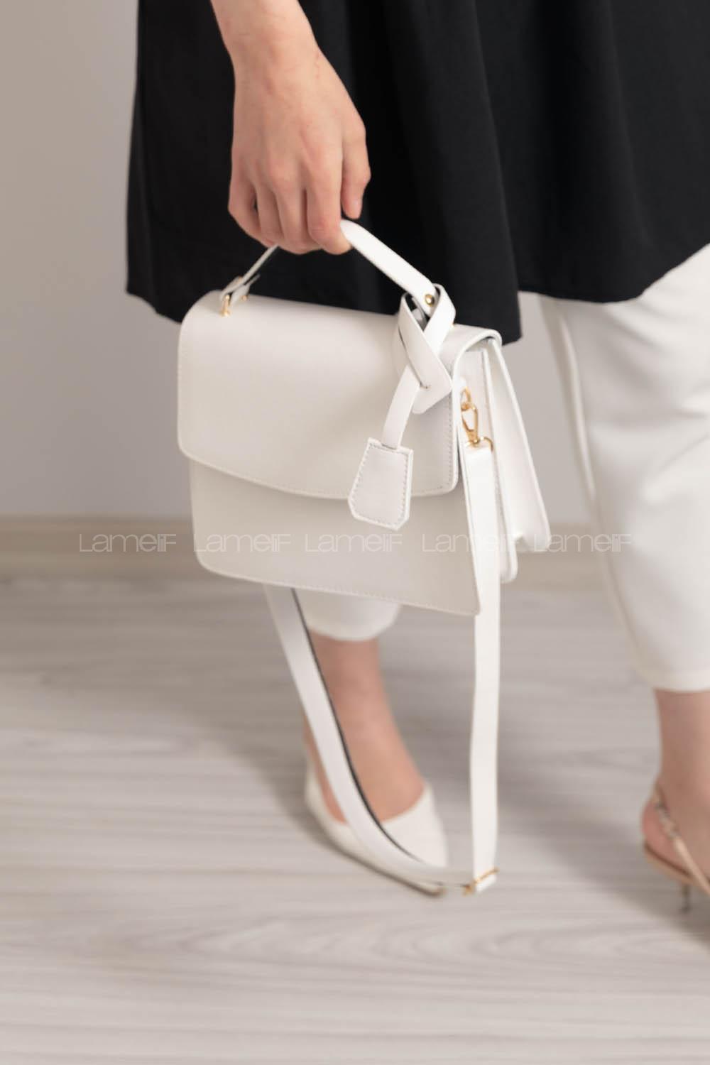 Modalamelif Kapak Kilitli Düz Deri Çanta Beyaz