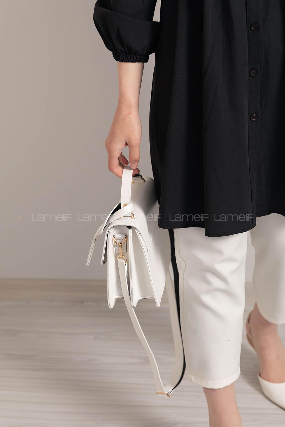 Modalamelif Kapak Kilitli Düz Deri Çanta Beyaz