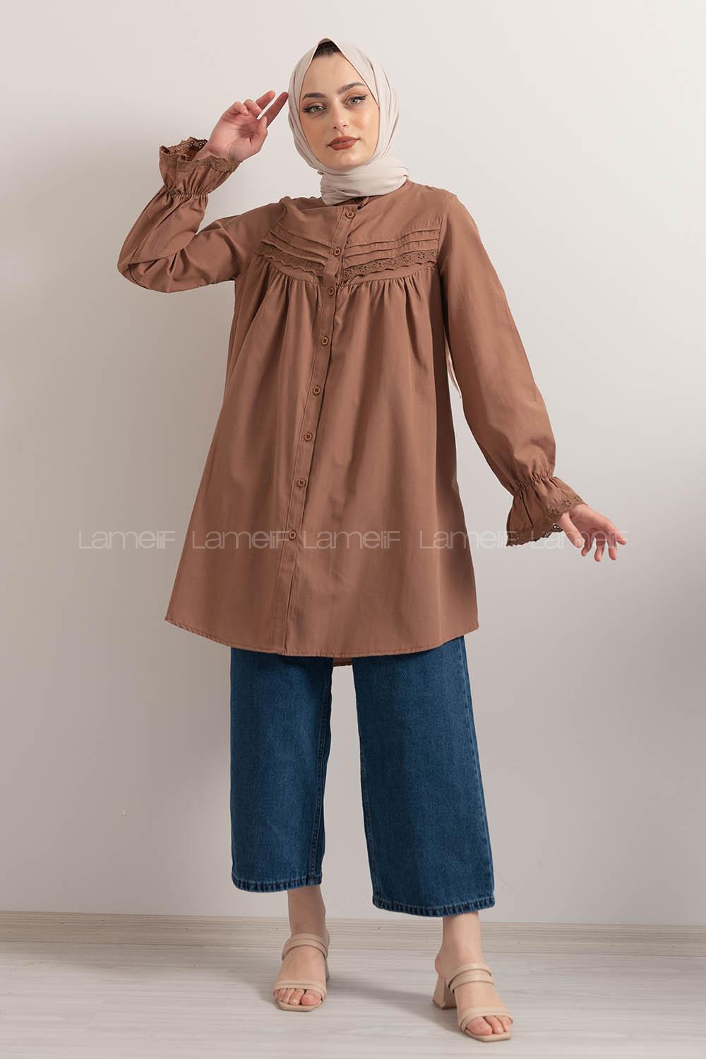 Modalamelif Kol Lastikli Pileli Tunik Acı Kahve