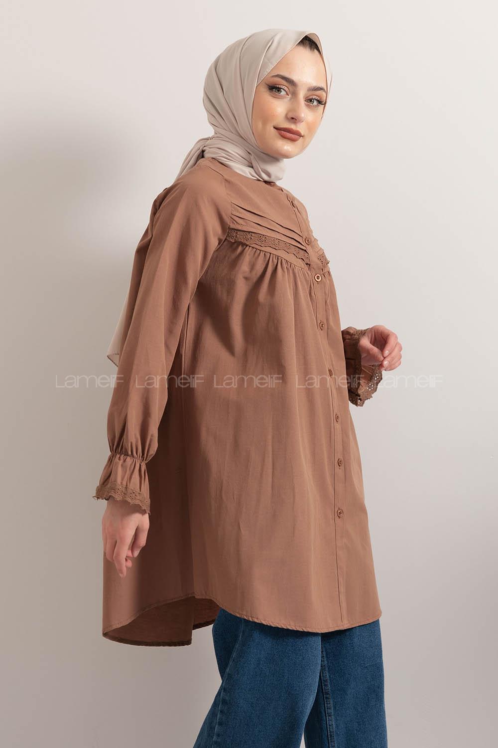 Modalamelif Kol Lastikli Pileli Tunik Acı Kahve