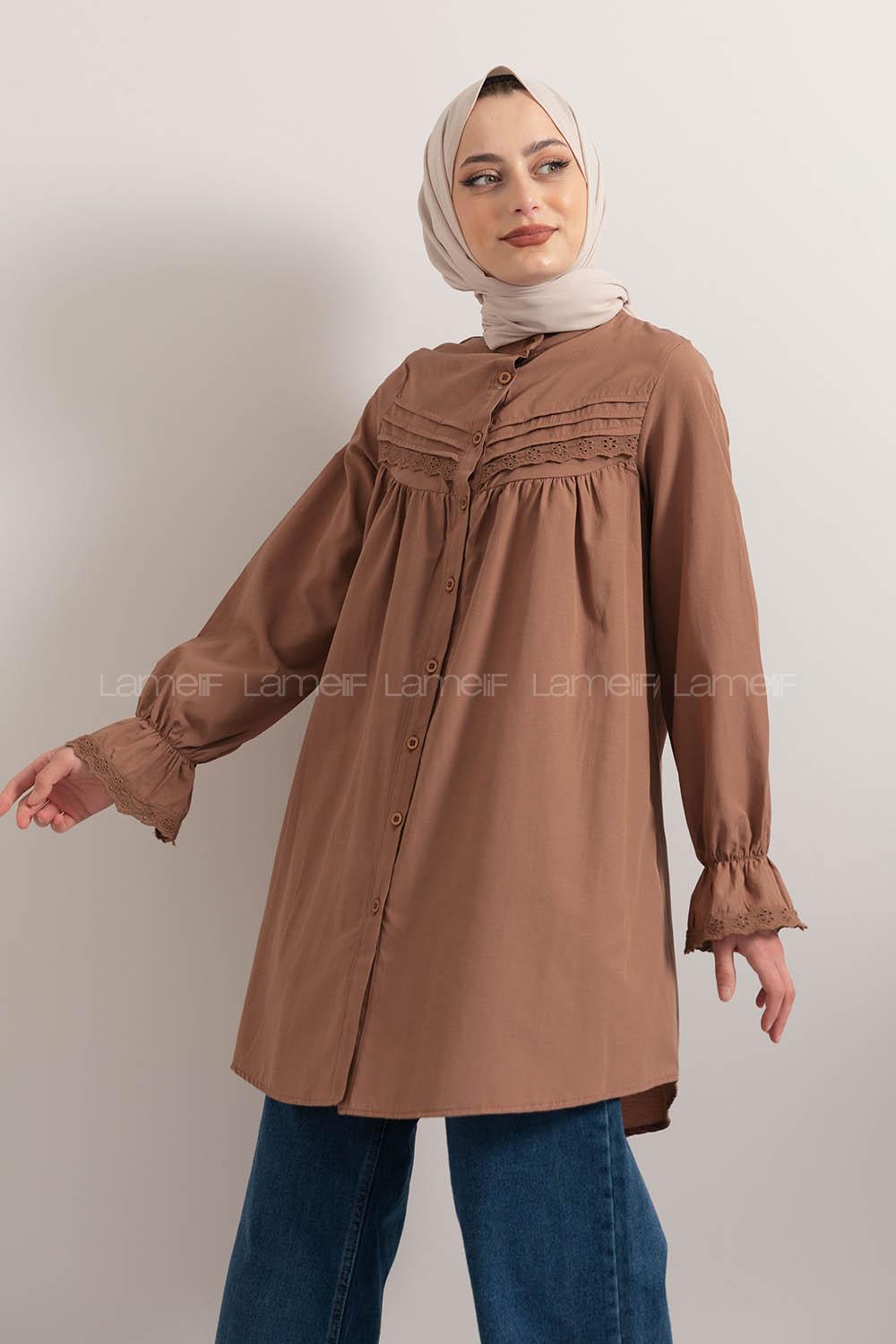 Modalamelif Kol Lastikli Pileli Tunik Acı Kahve