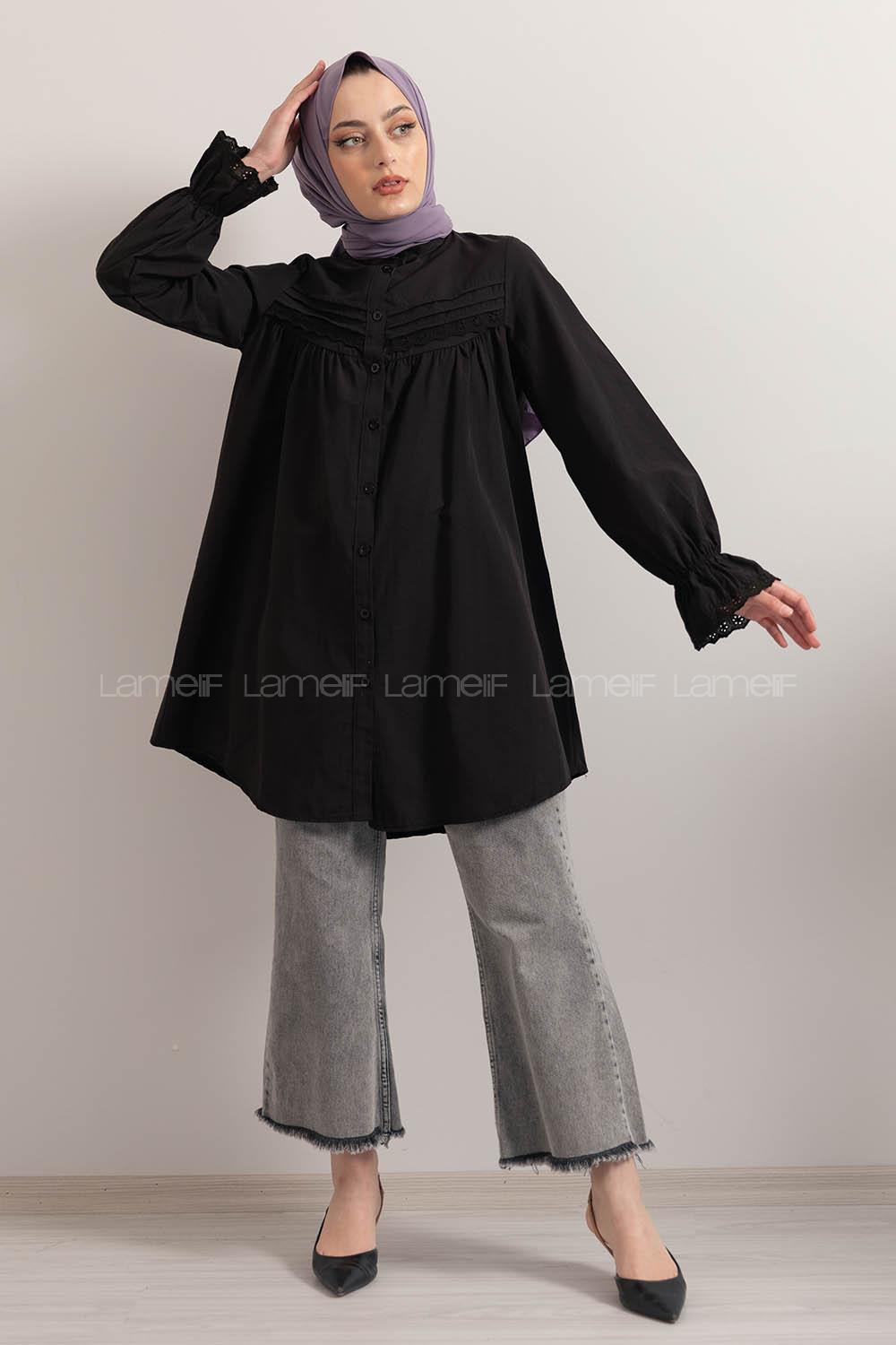 Modalamelif Kol Lastikli Pileli Tunik Siyah