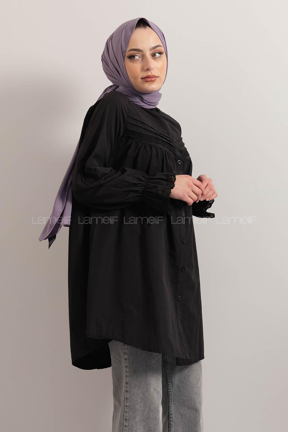 Modalamelif Kol Lastikli Pileli Tunik Siyah