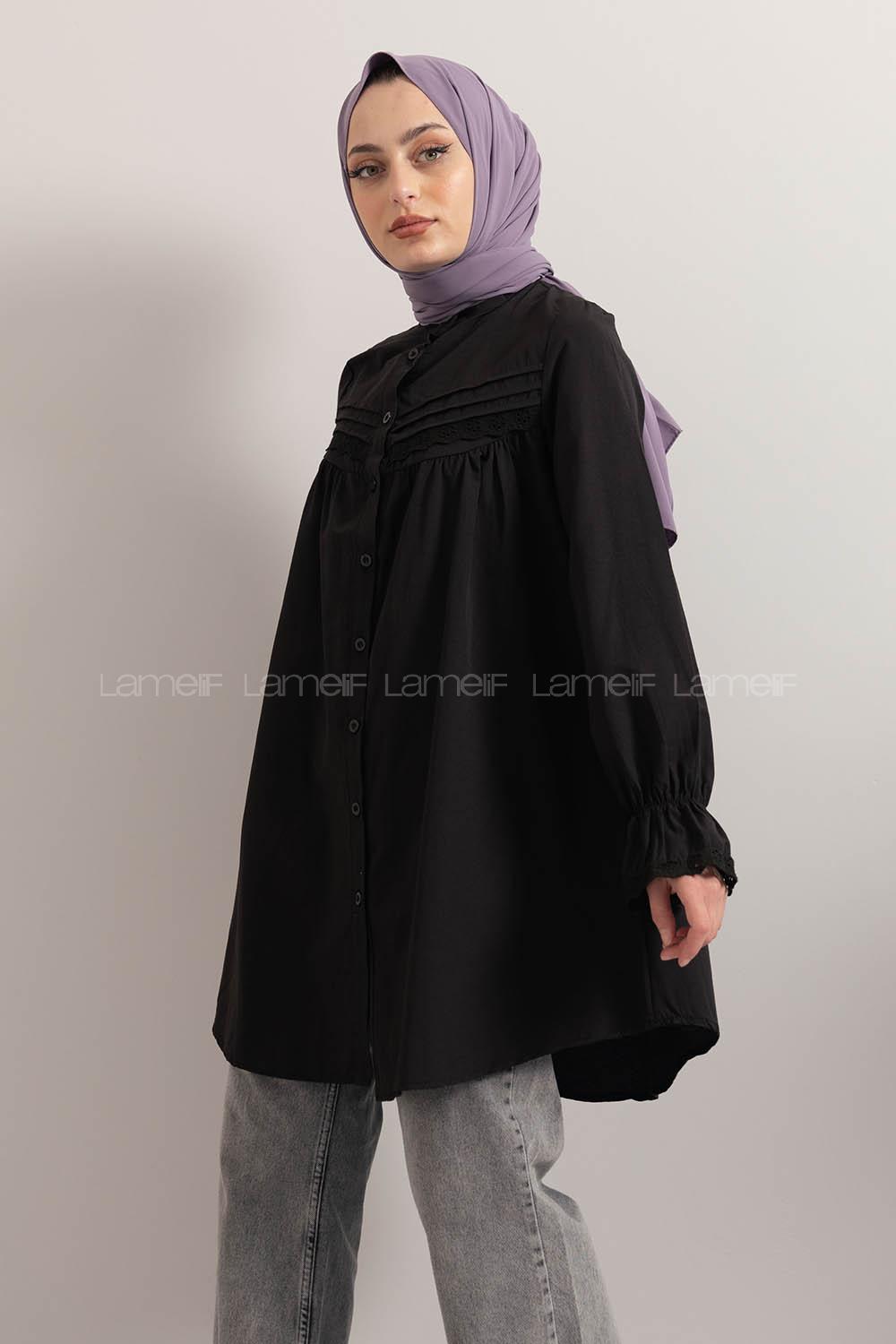 Modalamelif Kol Lastikli Pileli Tunik Siyah