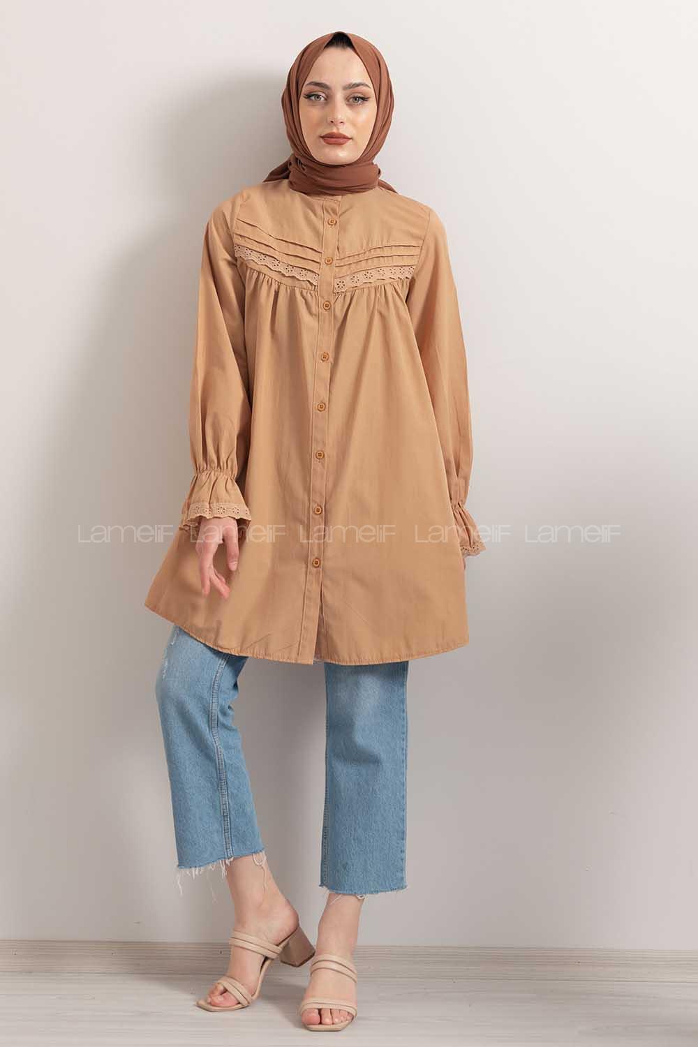 Modalamelif Kol Lastikli Pileli Tunik Sütlü Kahve