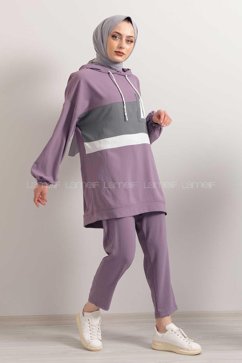 Modalamelif Önü Çiçek Baskılı Kapşonlu İkili Takım Lila