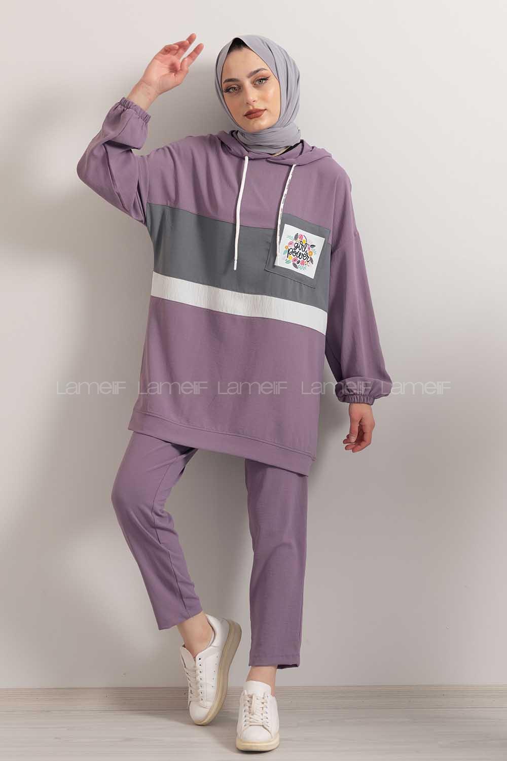 Modalamelif Önü Çiçek Baskılı Kapşonlu İkili Takım Lila