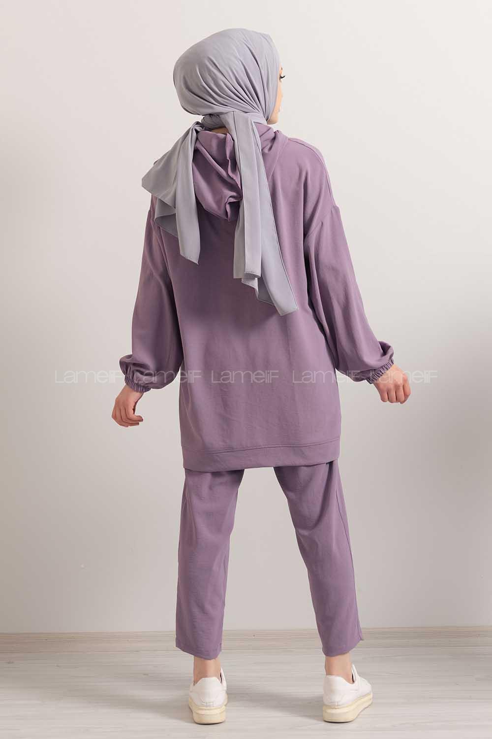 Modalamelif Önü Çiçek Baskılı Kapşonlu İkili Takım Lila