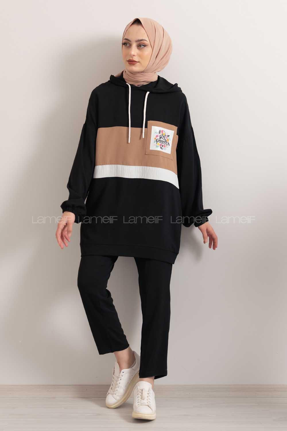 Modalamelif Önü Çiçek Baskılı Kapşonlu İkili Takım Siyah