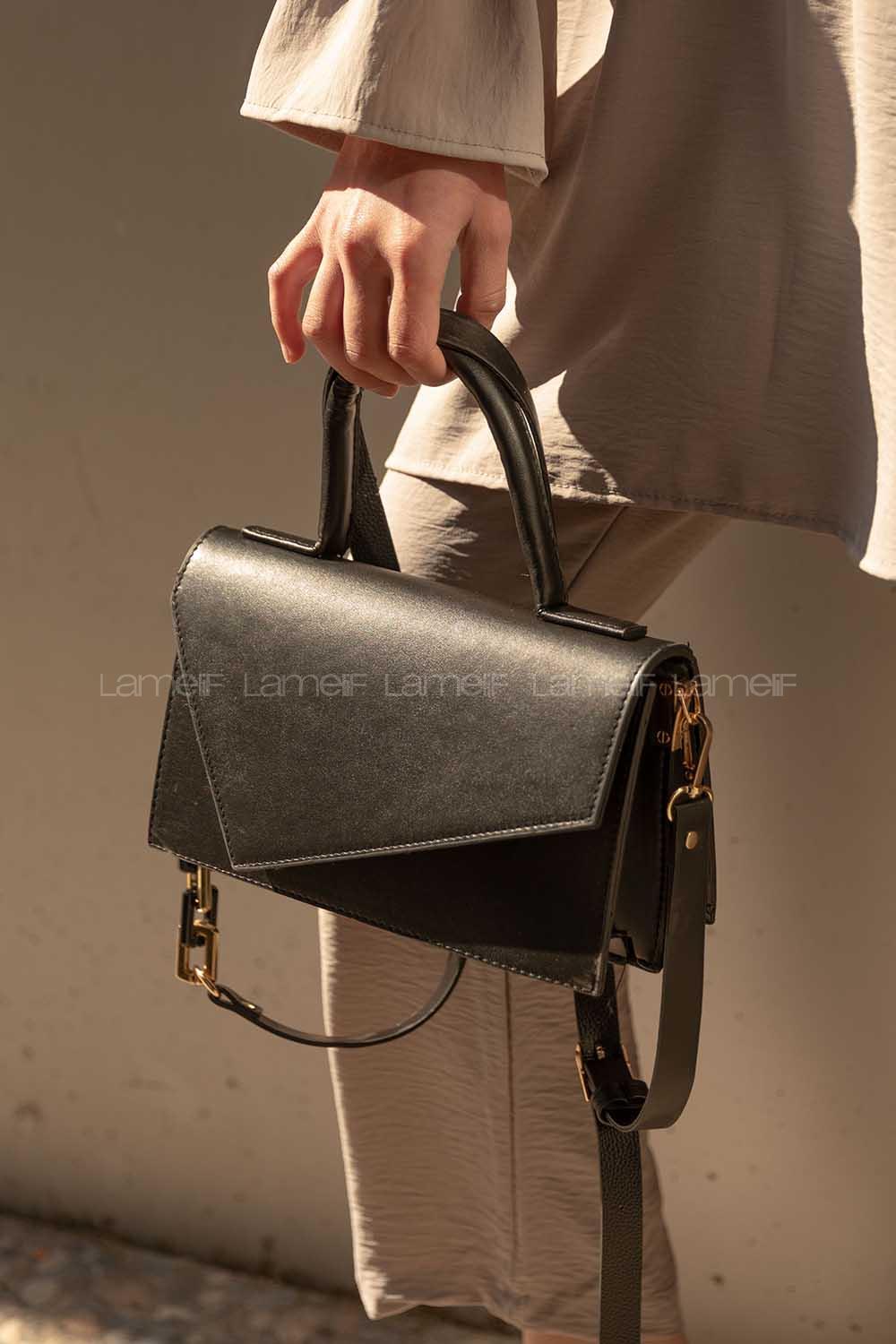 Modalamelif Asimetrik Kapak Kilitli Çanta Siyah