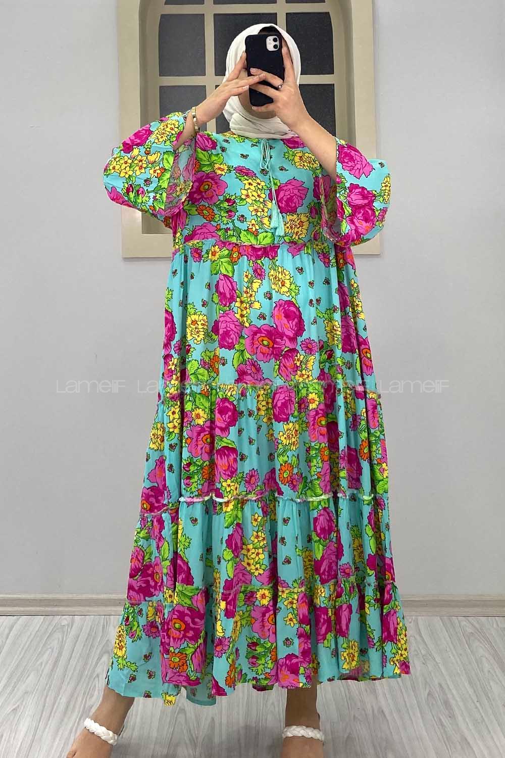 Modalamelif Çiçek Desenli Yaka Bağlamalı Elbise Fuşya