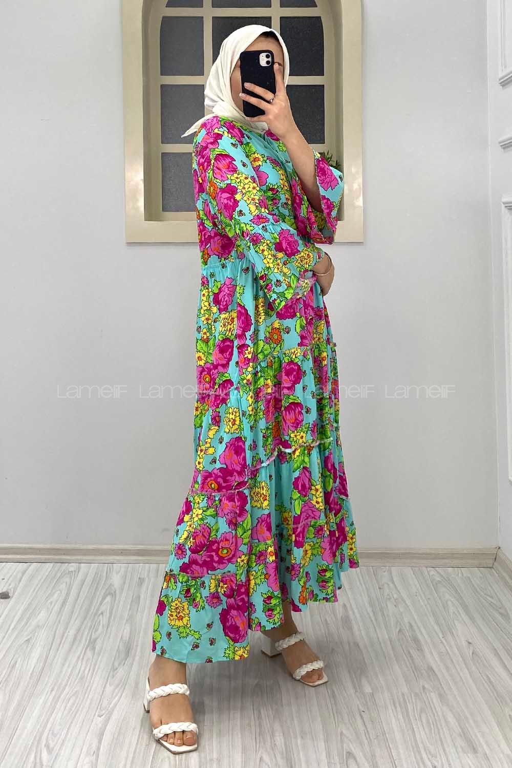 Modalamelif Çiçek Desenli Yaka Bağlamalı Elbise Fuşya