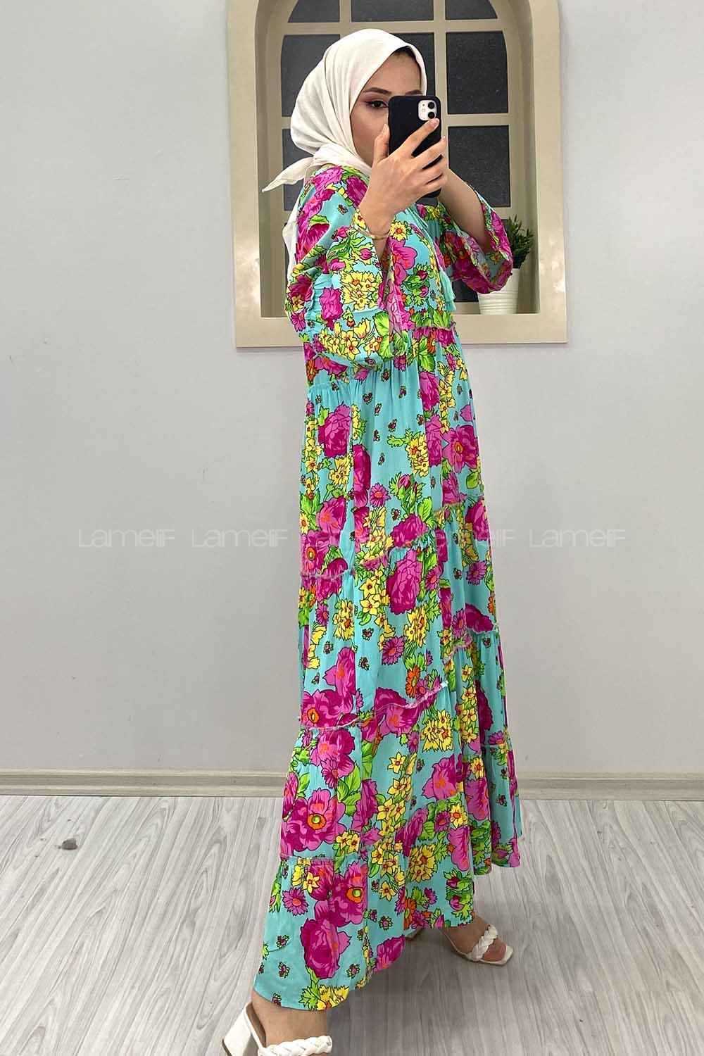 Modalamelif Çiçek Desenli Yaka Bağlamalı Elbise Fuşya