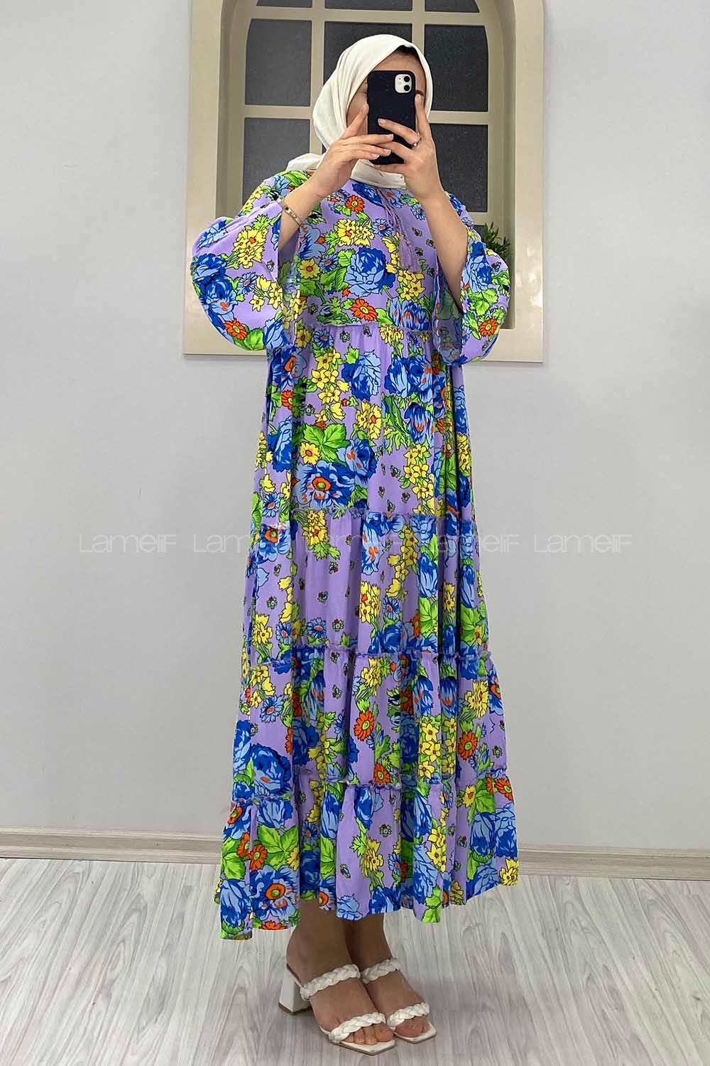 Modalamelif Çiçek Desenli Yaka Bağlamalı Elbise Lila