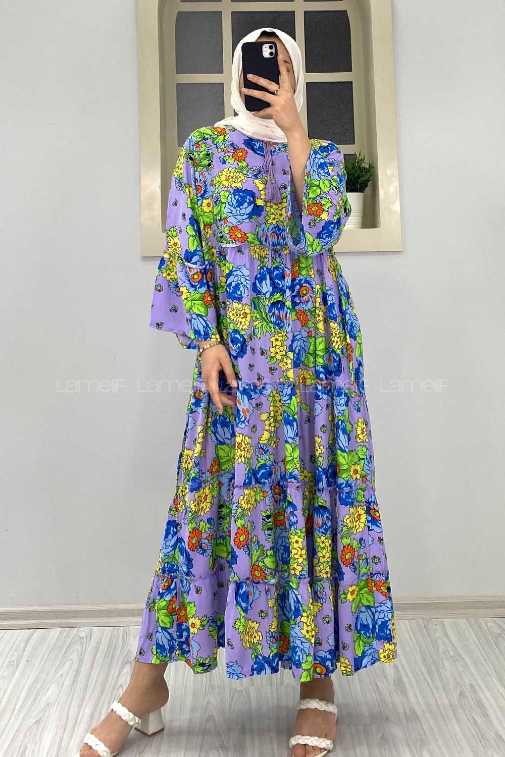 Modalamelif Çiçek Desenli Yaka Bağlamalı Elbise Lila