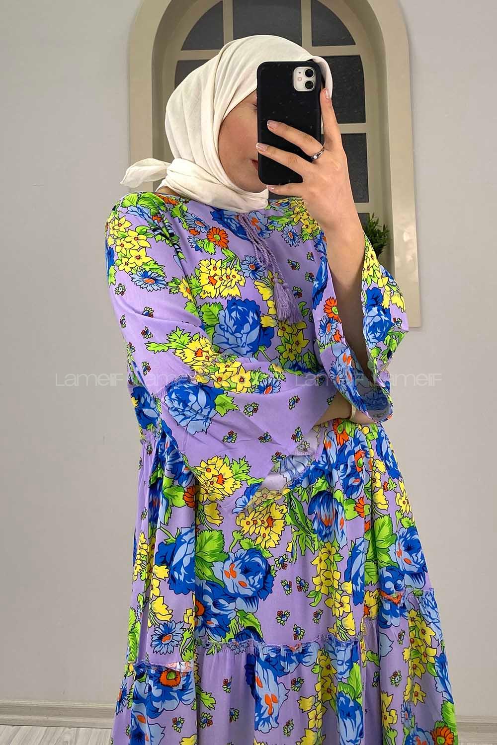 Modalamelif Çiçek Desenli Yaka Bağlamalı Elbise Lila