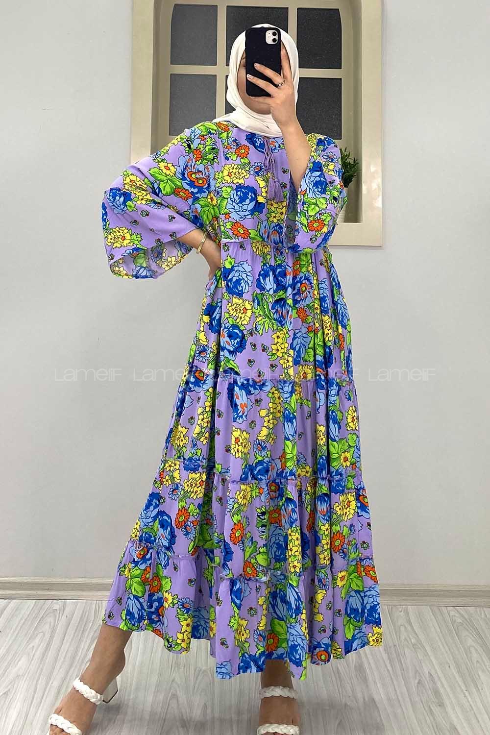 Modalamelif Çiçek Desenli Yaka Bağlamalı Elbise Lila