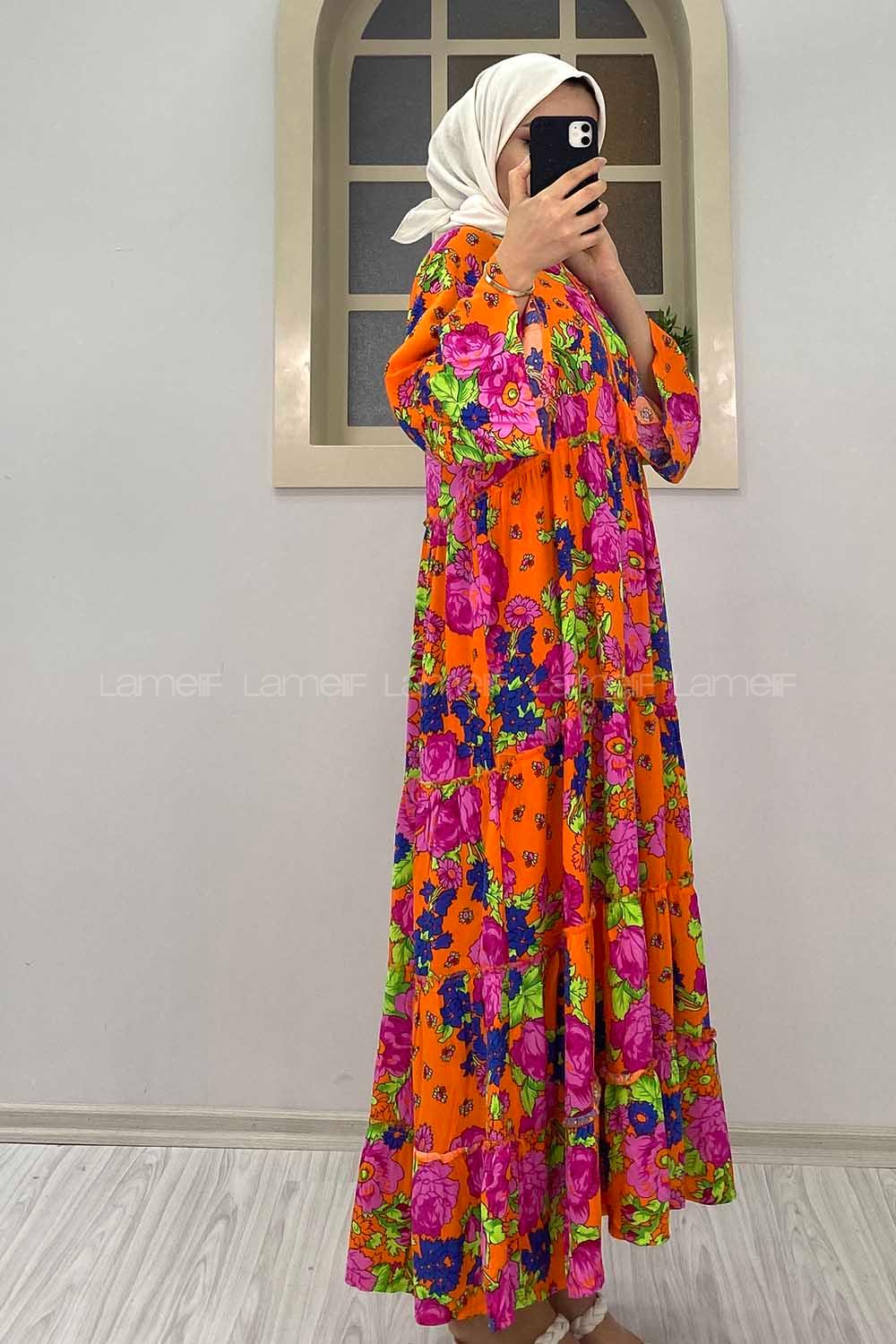 Modalamelif Çiçek Desenli Yaka Bağlamalı Elbise Oranj