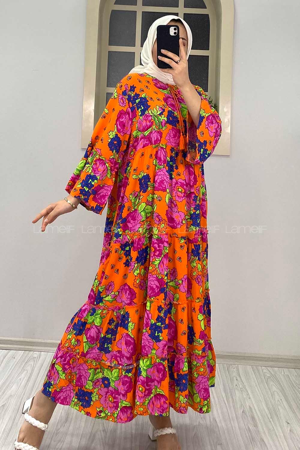 Modalamelif Çiçek Desenli Yaka Bağlamalı Elbise Oranj