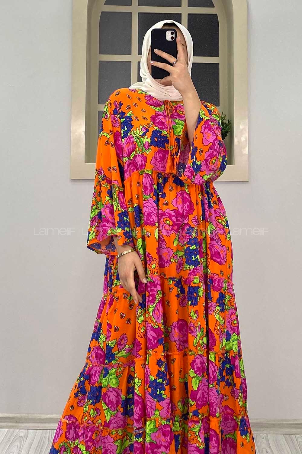 Modalamelif Çiçek Desenli Yaka Bağlamalı Elbise Oranj