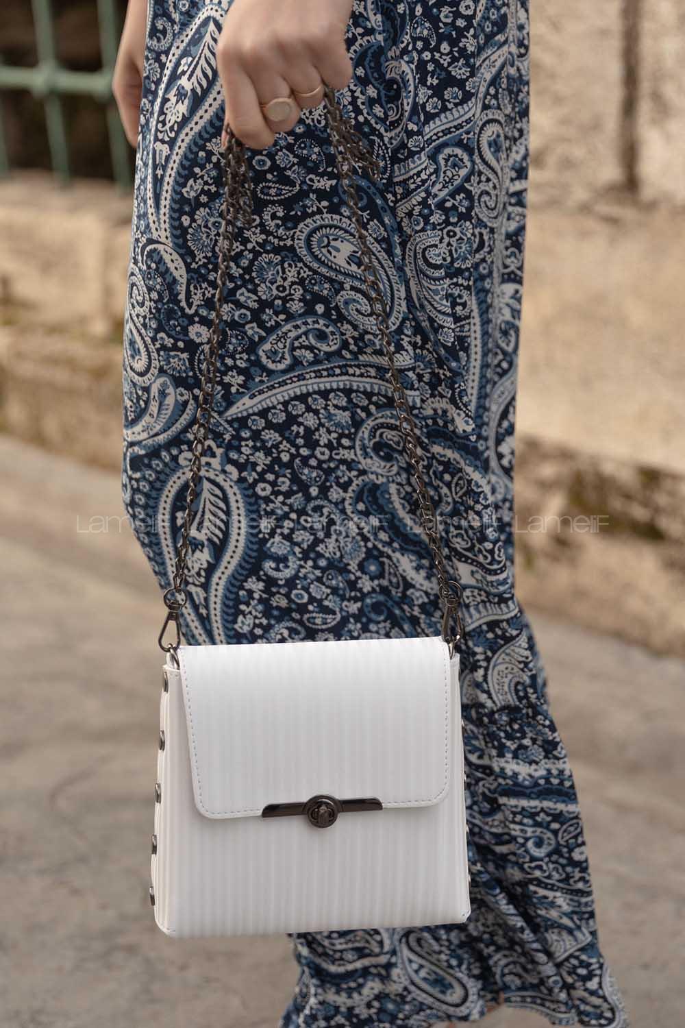 Modalamelif Çizgi Geçişli Trok Kumaş Patos Çanta Beyaz