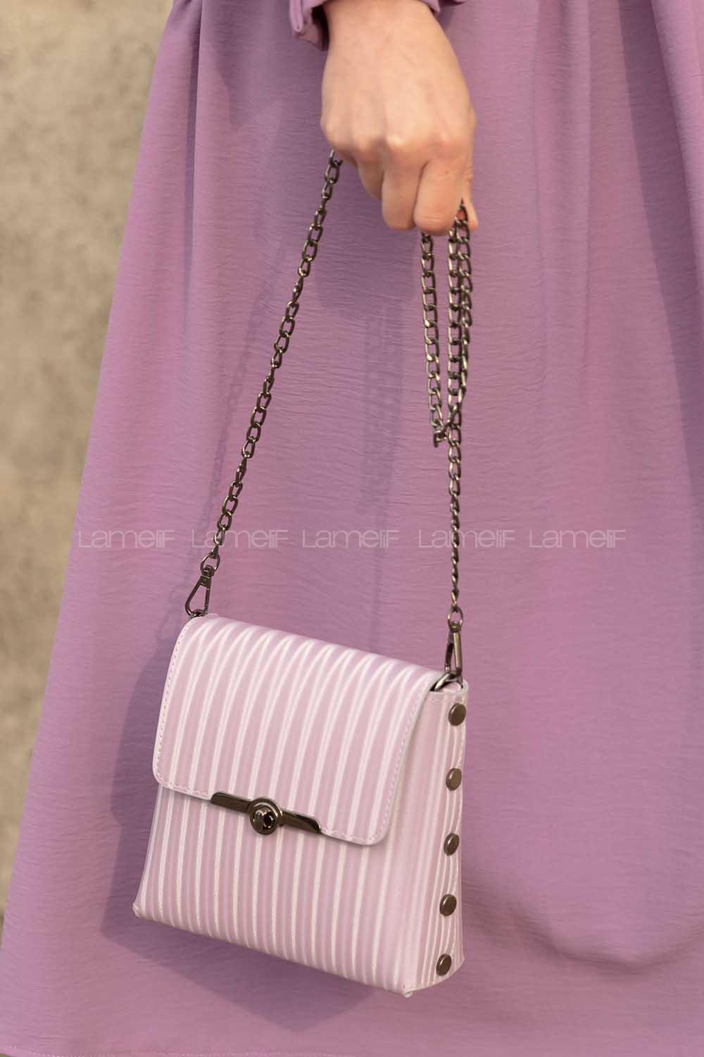 Lamelif Çizgi Geçişli Parlak Kumaş Patos Çanta Lila