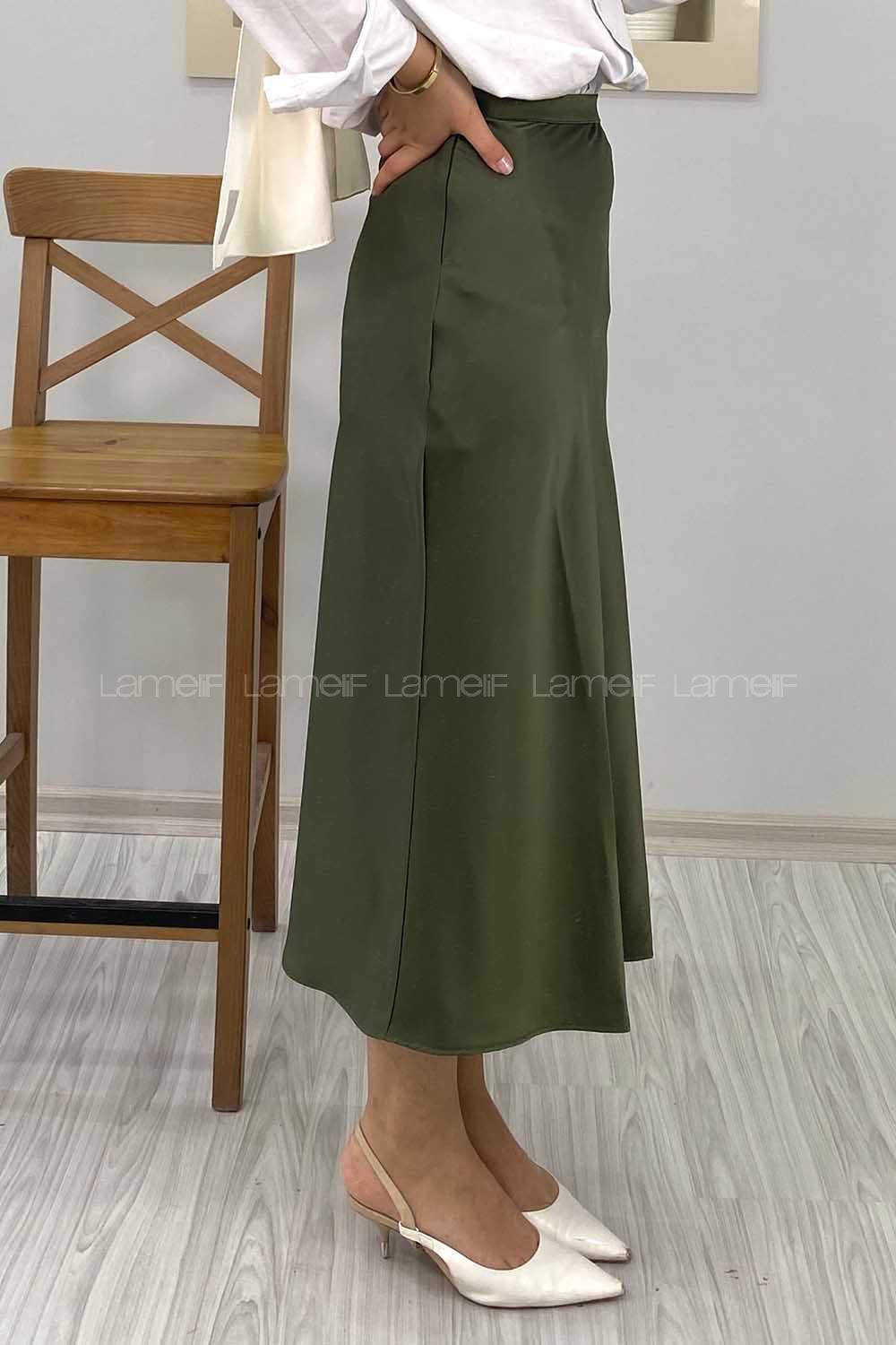 Modalamelif Gizli Fermuarlı Saten Etek Haki