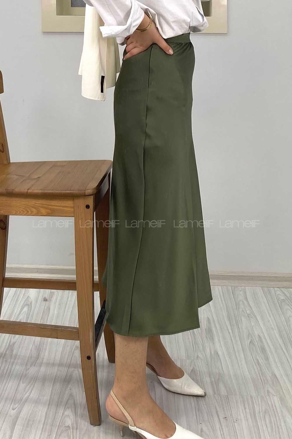 Modalamelif Gizli Fermuarlı Saten Etek Haki