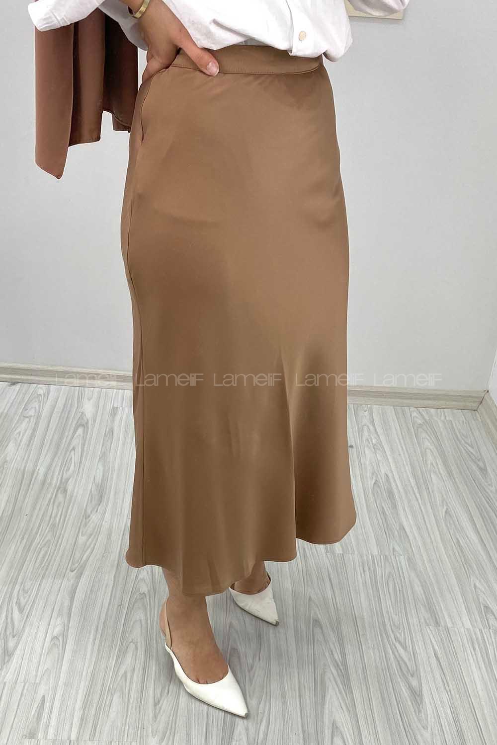 Modalamelif Gizli Fermuarlı Saten Etek Soft Kahve