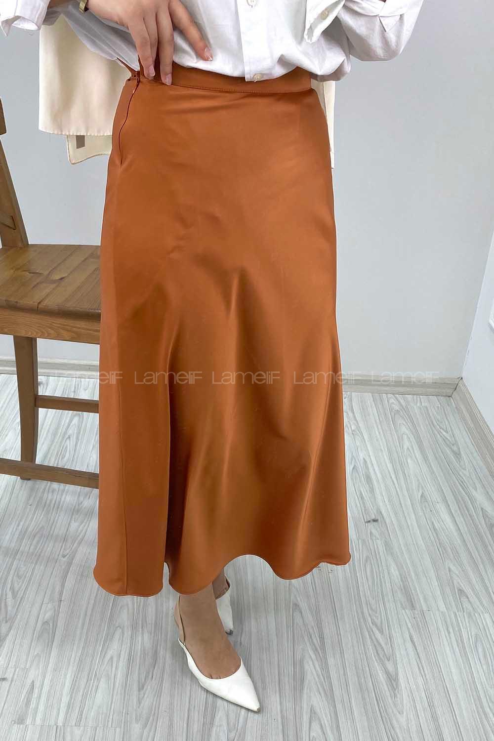 Modalamelif Gizli Fermuarlı Saten Etek Taba