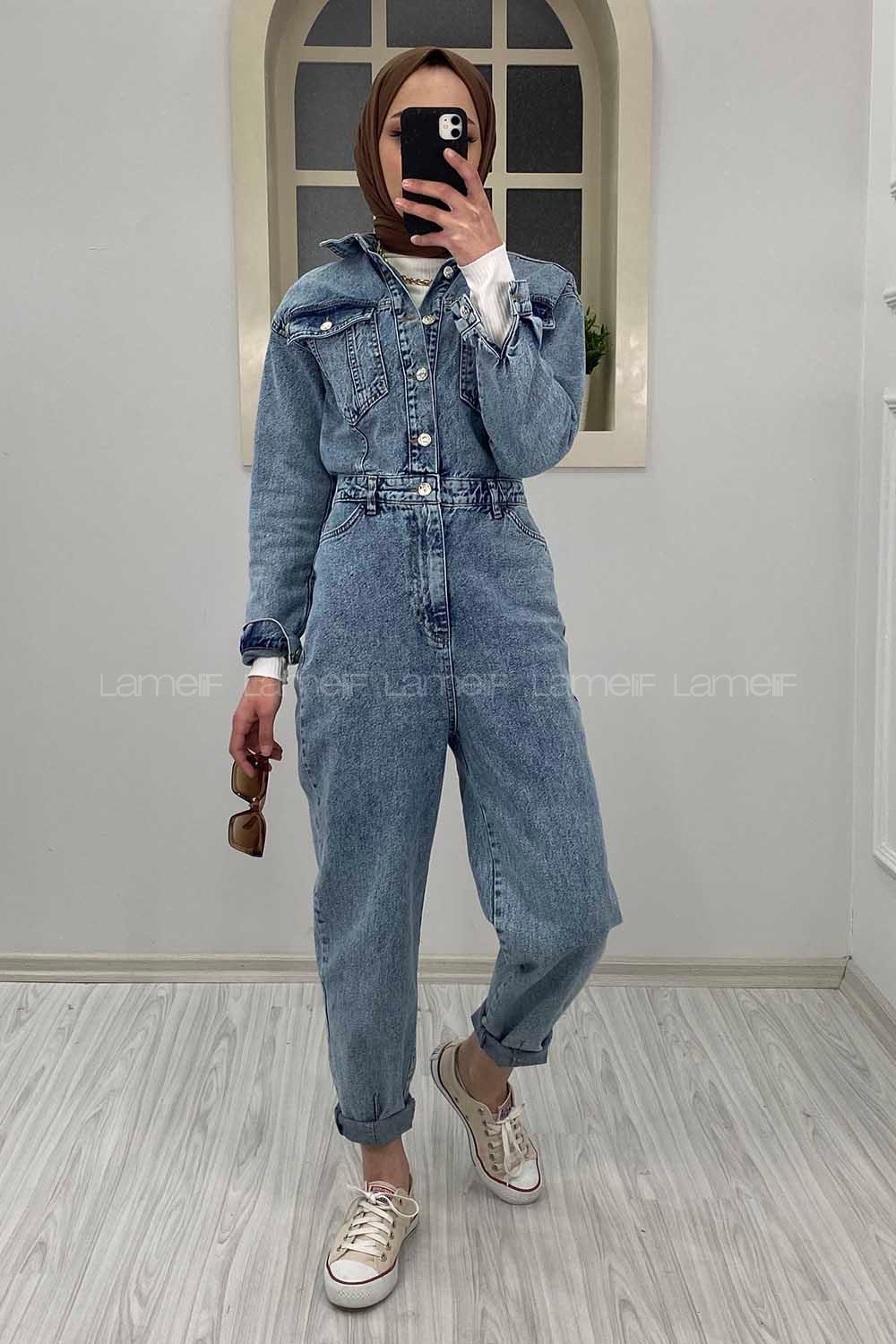 Modalamelif Kar Yıkama Kot Tulum Buz Mavisi