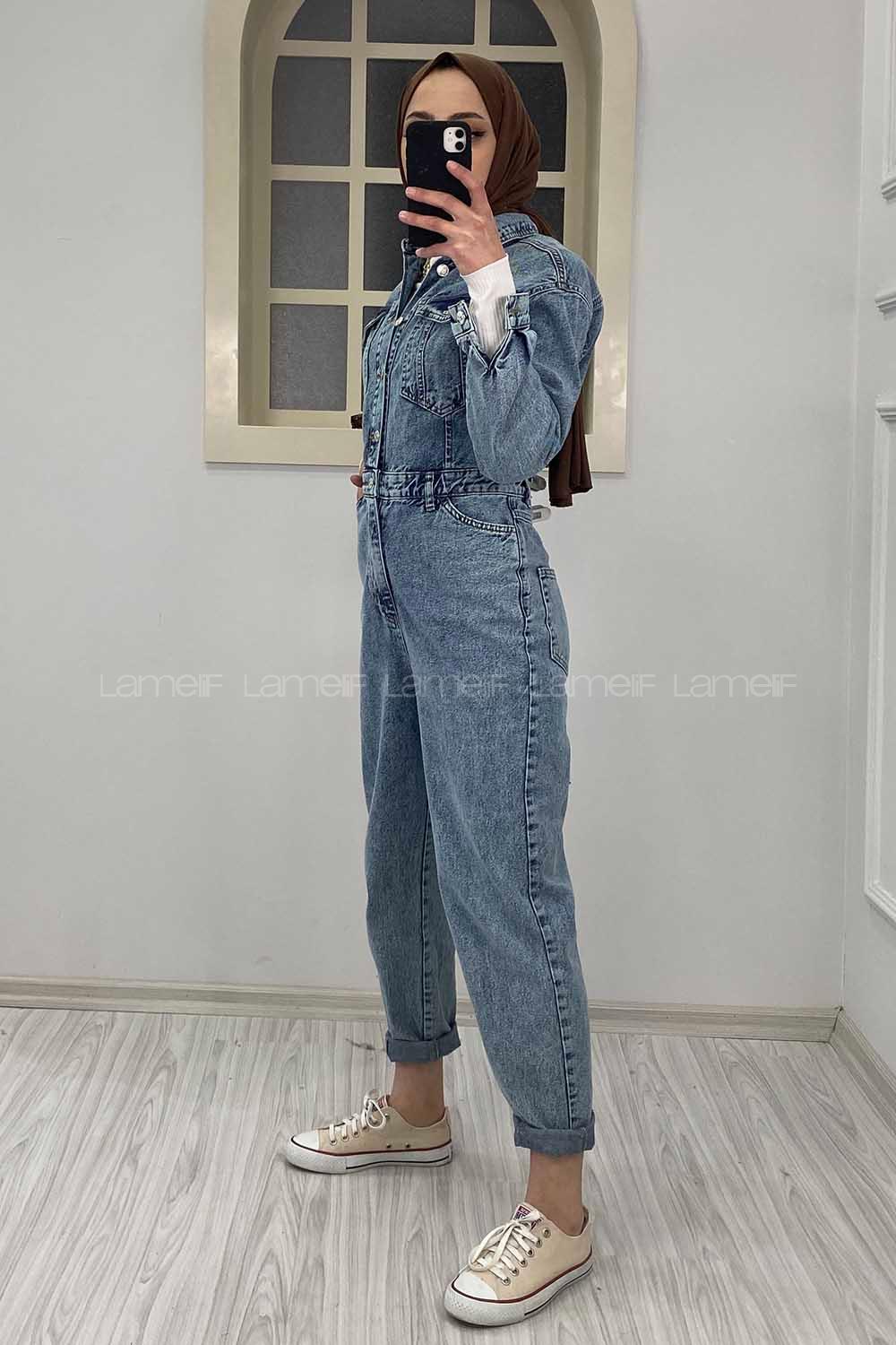 Modalamelif Kar Yıkama Kot Tulum Buz Mavisi