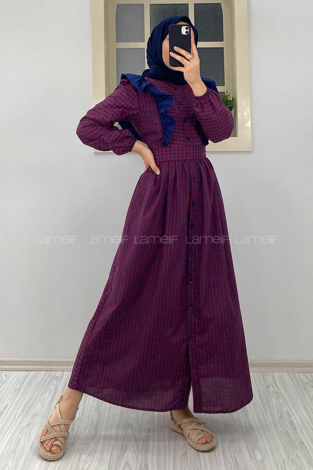 Modalamelif Omuz Fırfırlı Ekose Elbise bordo