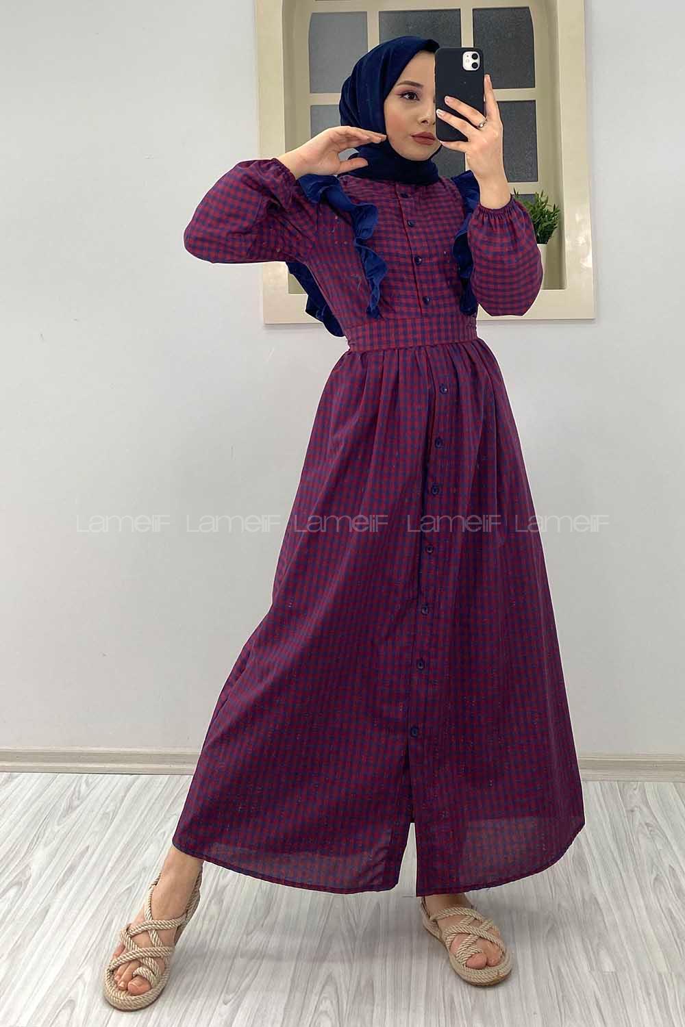 Modalamelif Omuz Fırfırlı Ekose Elbise bordo