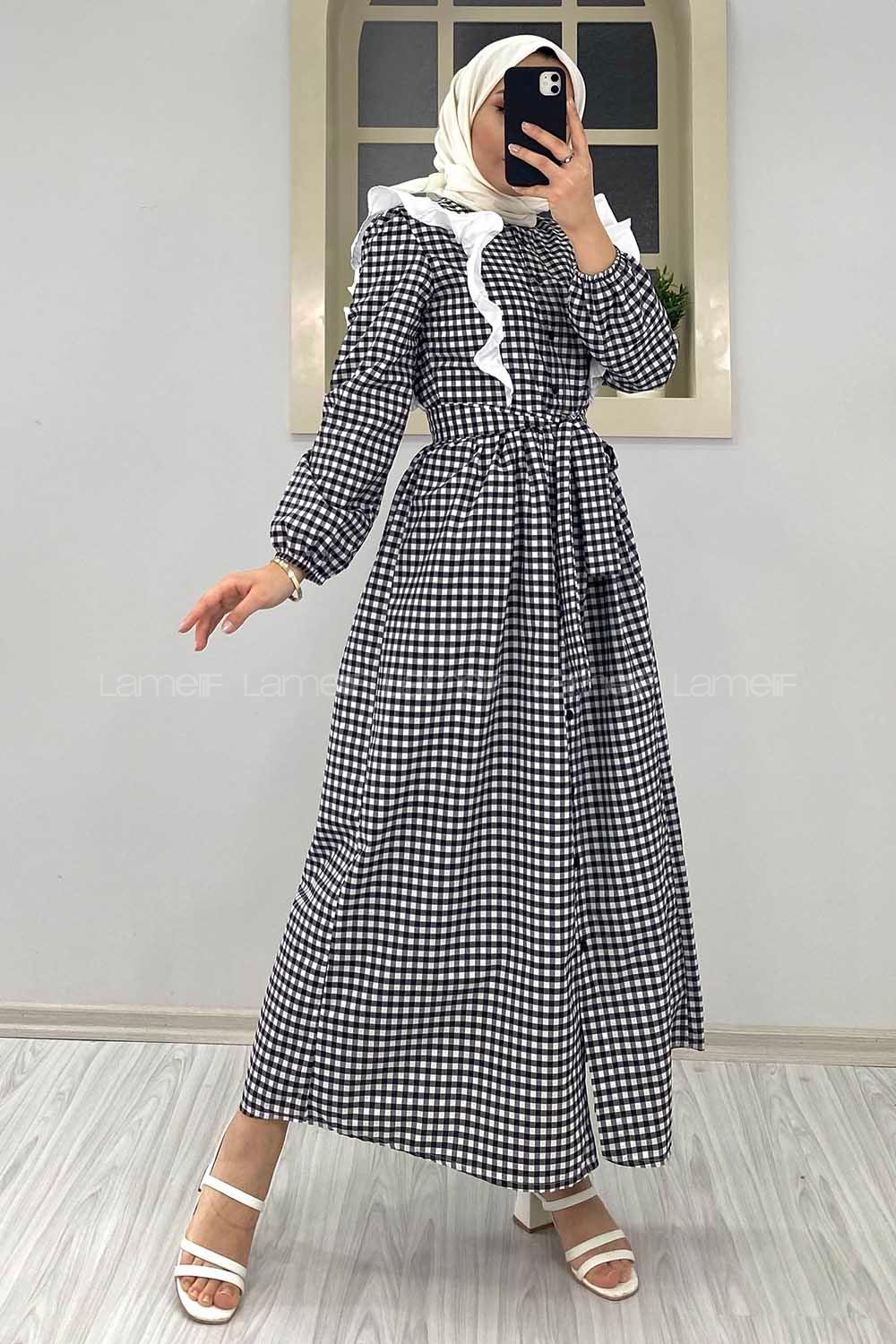 Modalamelif Omuz Fırfırlı Ekose Elbise Siyah