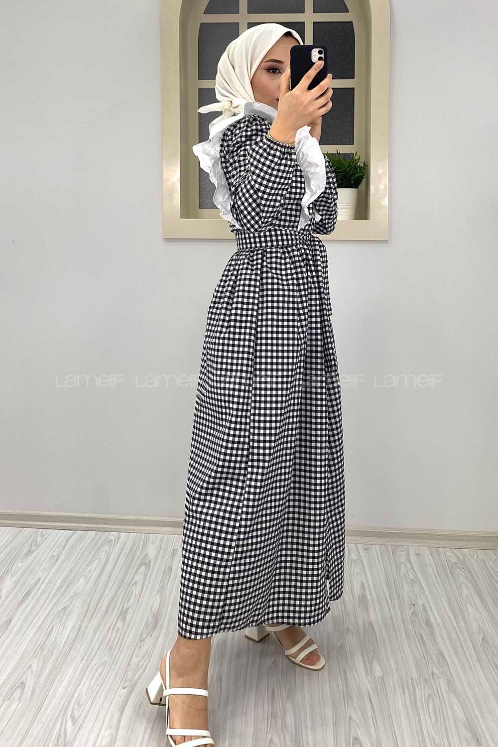 Modalamelif Omuz Fırfırlı Ekose Elbise Siyah