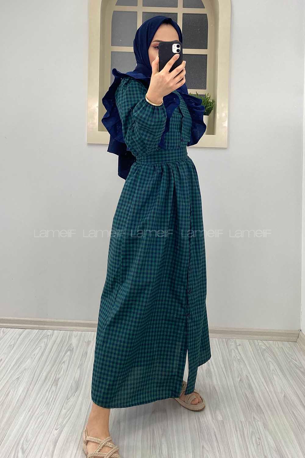 Modalamelif Omuz Fırfırlı Ekose Elbise Yeşil