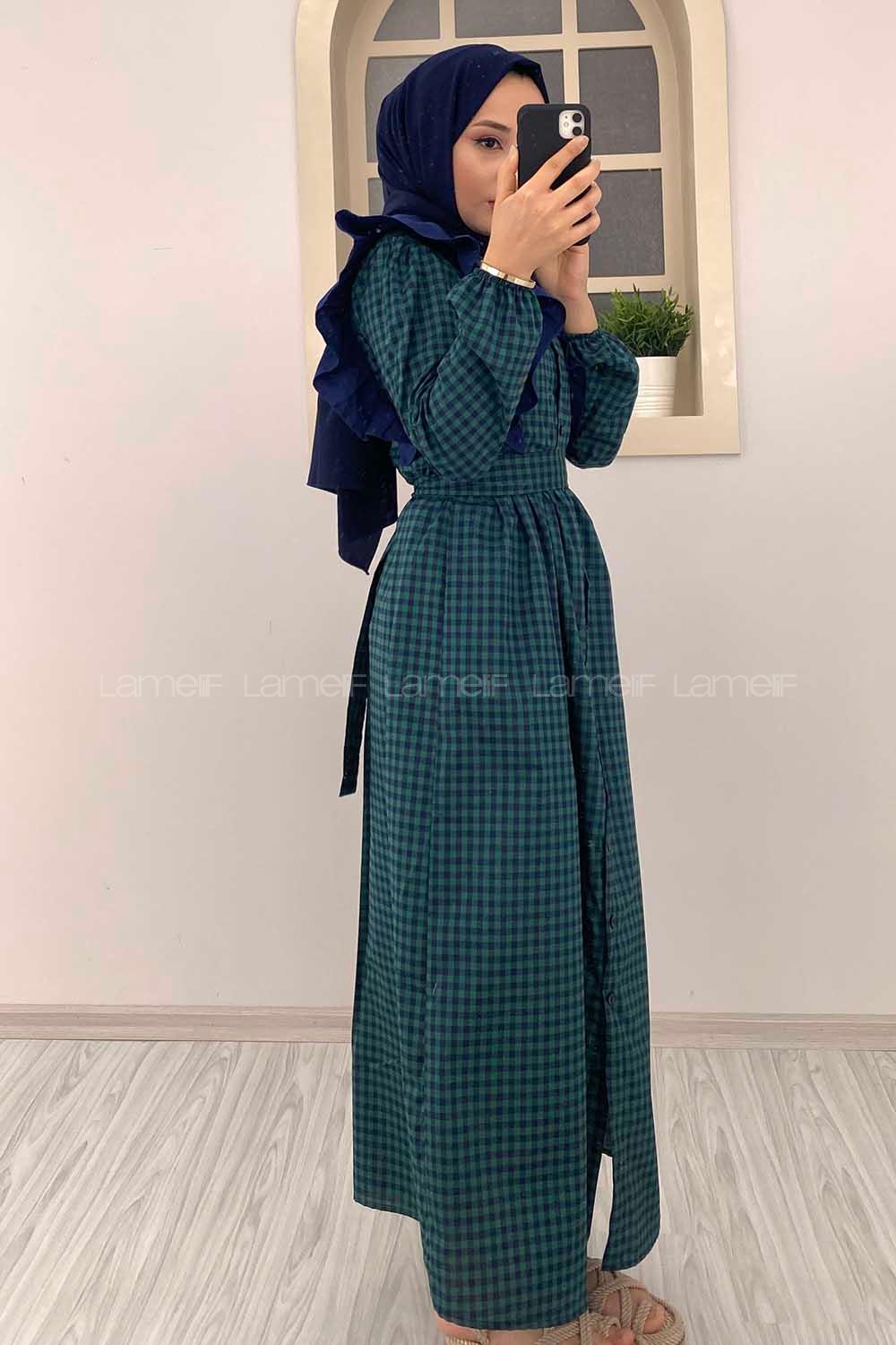 Modalamelif Omuz Fırfırlı Ekose Elbise Yeşil